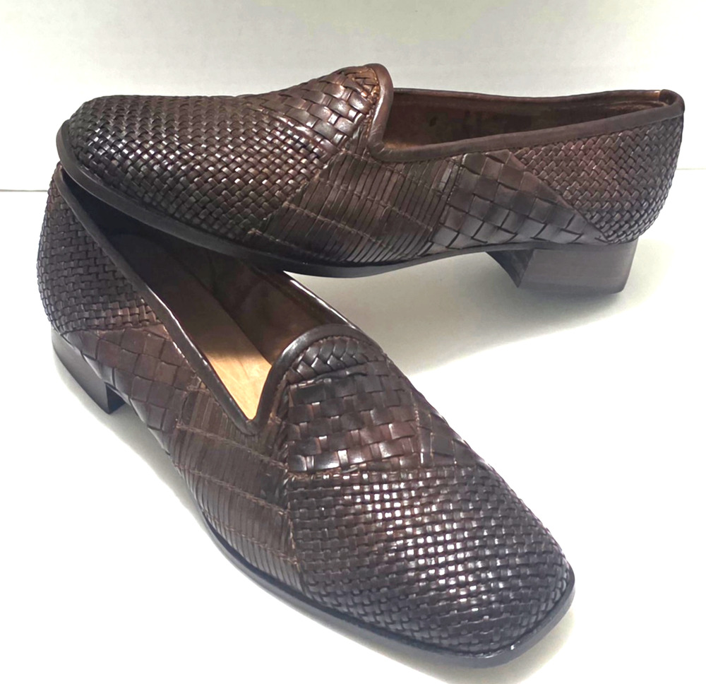Vintage Sesto Meucci Italian Woven Brown Leather Women's Loafers Flats Sz 8.5 M